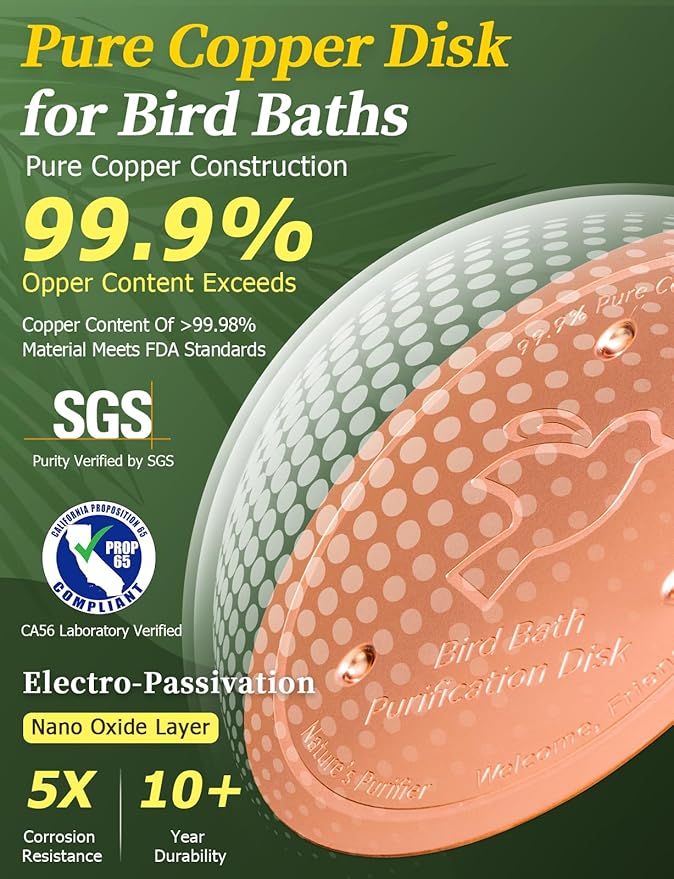 Mellbree 4-Pack Bird Bath Copper Disk, 0.6mm Reinforced 99.99% Pure Copper Cleaning Disk with Triple-Point Support for Physical Safe Clean Water All-Season