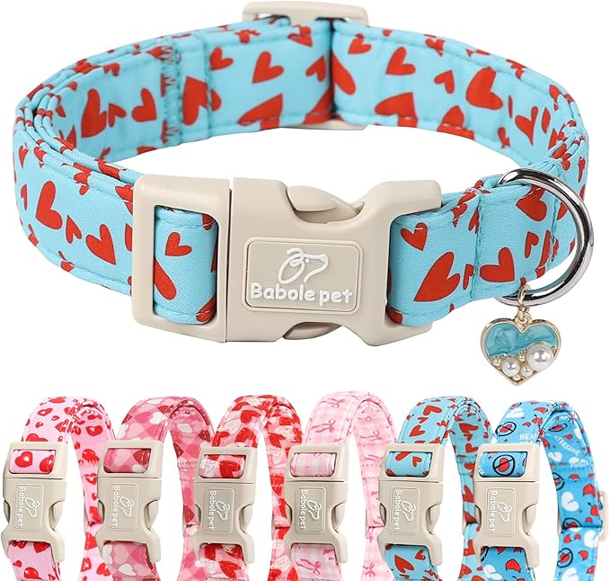 Valentines Dog Collar for Small Dogs - Cute Valentine Blue Dog Collars, Adjustable Puppy Red Hearts Collar with Quick Release Buckle for Boys&Girls Dogs S