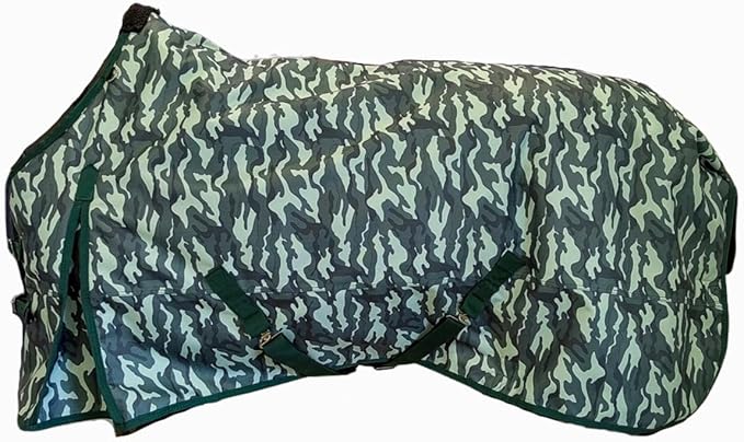 AJ Tack 1200D Waterproof Winter Horse Blanket with Hood - 400g Heavyweight Turnout with Fleece Collar, Shoulder Gussets & Tail Flap - Camouflage 68"