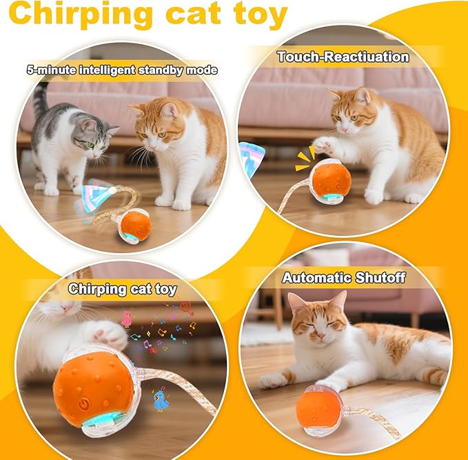 Interactive Cat Toys Ball for Indoor Cats,Automatic Cat Toy with Elastic Mesh Tail,Rechargeable Rolling Kitten Toy,Cat Enrichment Toys for Indoor Cats (RedBlue1, Cat Toy Ball)