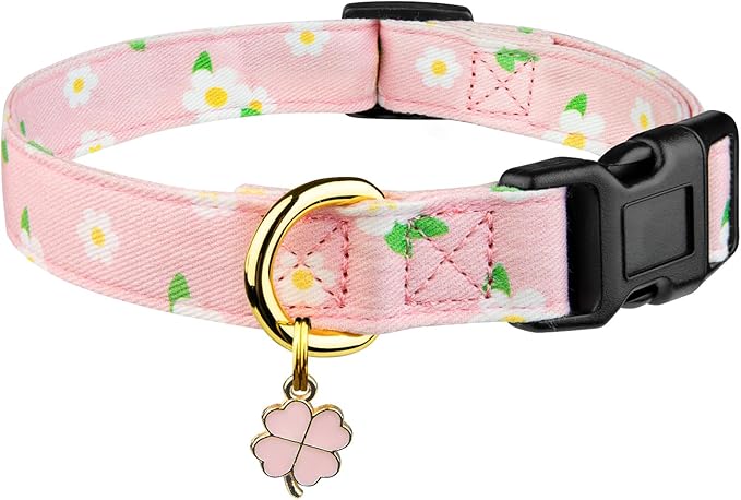Cotton Handmade Dog Collar Cute and Distinctive Patterns Pink Flower with Pendant for Girl Boy Dogs Collars M