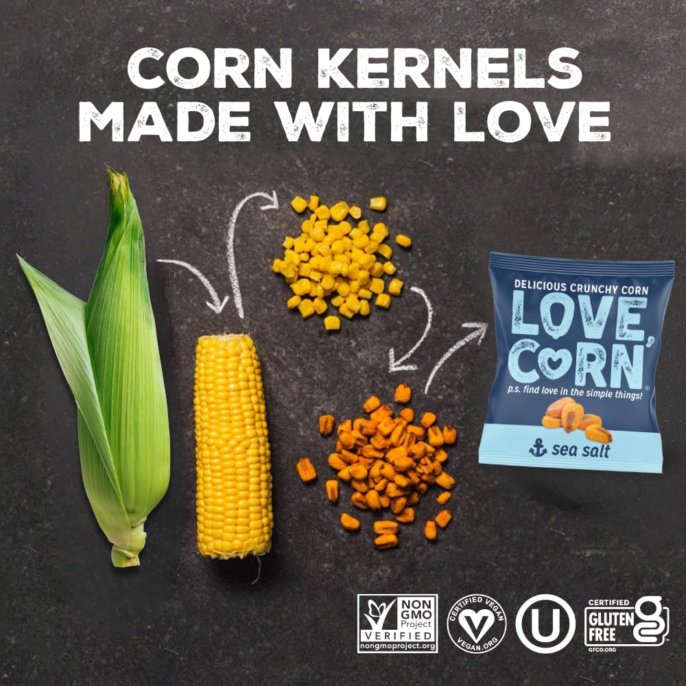 LOVE CORN Fab Four Variety Pack – Hot & Spicy, Sea Salt, BBQ, Salt & Vinegar – Crunchy Roasted Corn Snacks, Vegan, Gluten Free – Lunchbox, Office & On-the-Go, Alternative to Chips – 0.7oz × 20 Bags