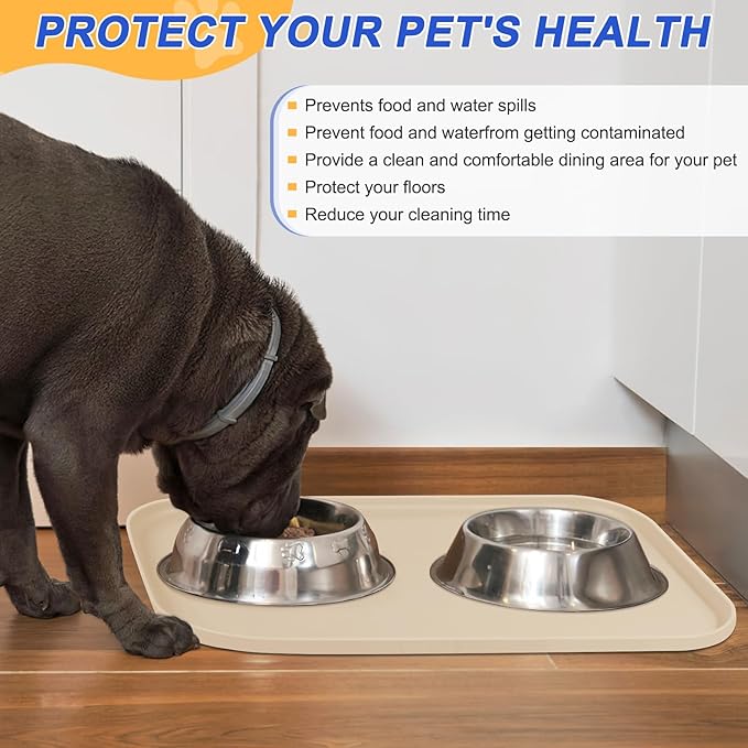 Silicone Pet Feeding Mat with Raised Edge for Food and Water, Dog Bowl Mats, Cat Bowls Placemat with High Lip for Floor Waterproof, Rubber Tray for Cats and Dogs 24 x 16 x0.8 White Sand