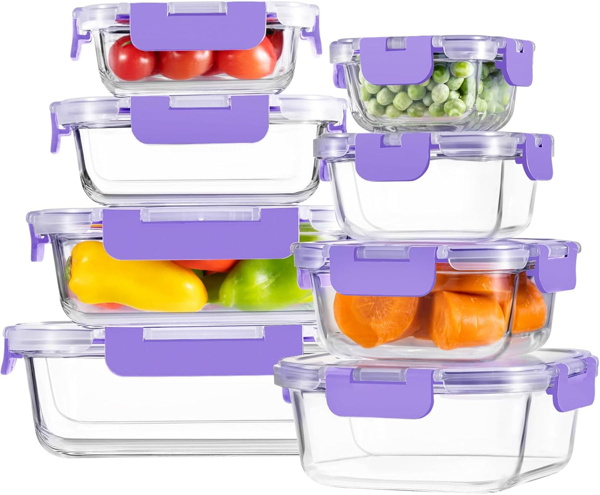 8 Pack Borosilicate Glass Food Storage Containers with Lids, Glass Meal Prep Containers, Airtight Bento Lunch Boxes with Leak Proof Locking, Oven, Freezer and Dishwasher Safe, BPA Free, 5-35oz