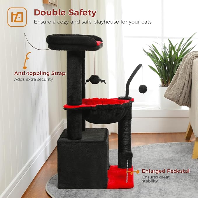 PEQULTI 4-in-1 Gothic Cat Tree, 33'' Cat Tower for Indoor Cats with Large Condo, Cat Scratching Post for Cats with Deep Hammock& Cozy Top Perch,Black