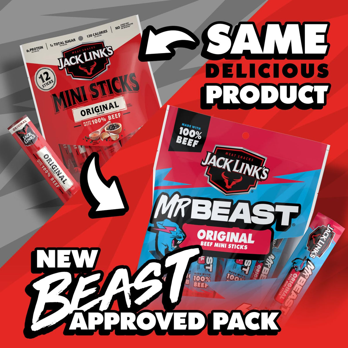 Jack Link's x MrBeast Original Mini Beef Jerky Sticks - Individually Wrapped Protein Snacks - 6g Protein per Serving - Made with 100% Real Beef - (12 Pack) 0.5 oz Meat Sticks