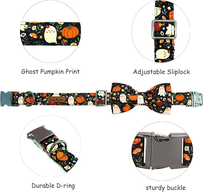 Halloween Dog Collar, Ghost Print Adjustable Pet Collar Fall Pumpkin Cute Cotton Soft Collars with Bow Tie Fall Metal Buckle Holiday Puppy Collars Boy&Girl Gift for Small Dogs