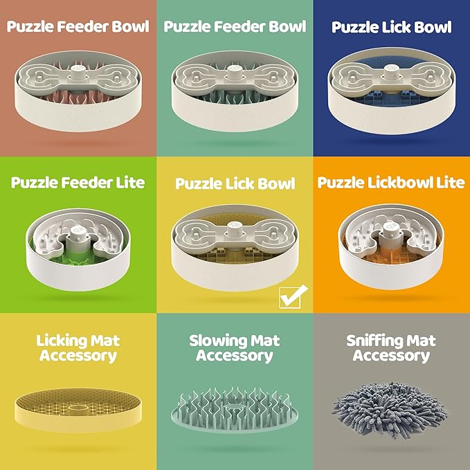 Slow Feeder Dog Bowl with Lick Mat and Puzzle Inserts - Non-Slip Base, Adjustable Speed Design, Dishwasher Safe for Large Dogs,Yellow