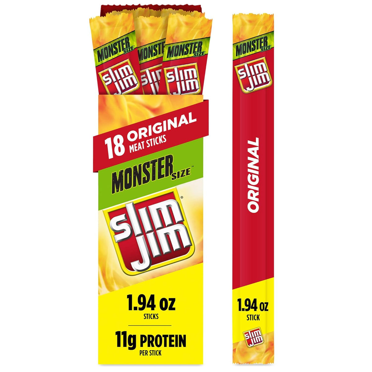 Slim Jim Monster Smoked Meat Sticks, Original Flavor, High Protein, 1.94 oz. (18 Count)