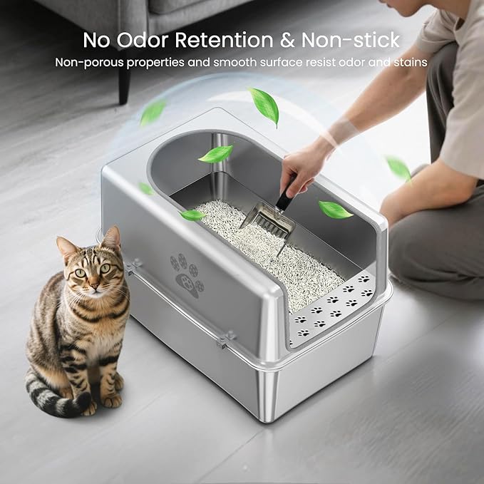 Enclosed Stainless Steel Cat Litter Box with Lid, XL Metal Litter Box for Big Cats, Extra Large Cat Toilet with High Side, Non-Stick, Anti-Leakage, Odorless, with Cats Litter Mat & Litter Scoop