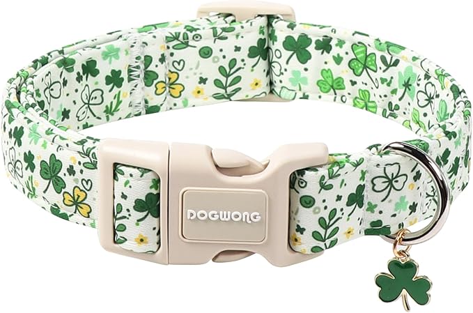 DOGWONG St Patrick's Dog Collar, Green Clover Pet Collar Cotton Holiday Pet Collar Cute Puppy Collar Adjustable Pet Dog Collars for Large Dogs,L