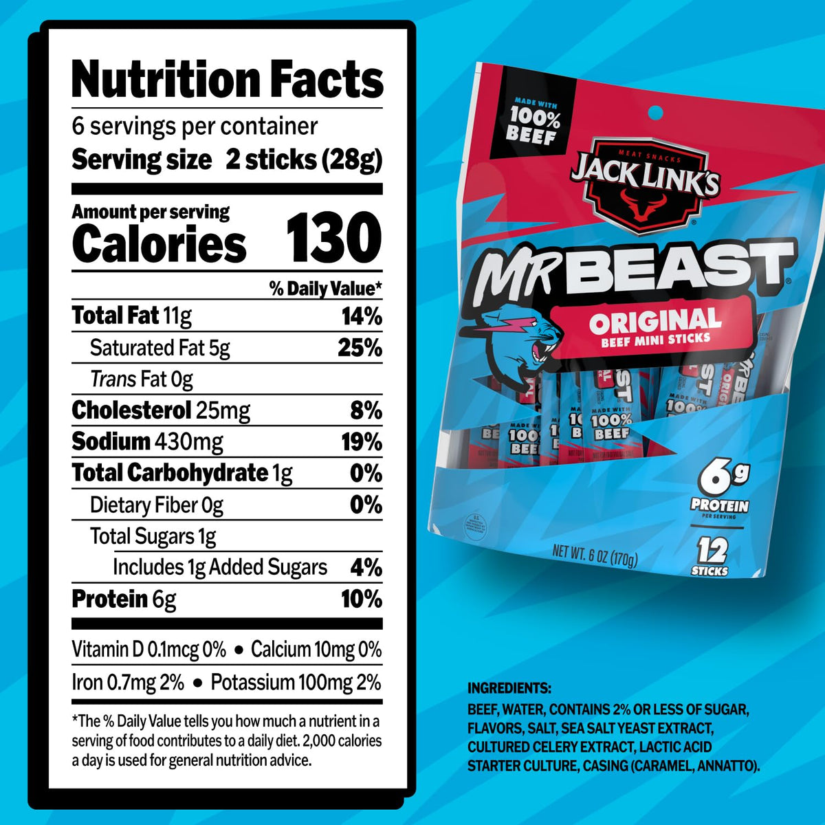 Jack Link's x MrBeast Original Mini Beef Jerky Sticks - Individually Wrapped Protein Snacks - 6g Protein per Serving - Made with 100% Real Beef - (12 Pack) 0.5 oz Meat Sticks