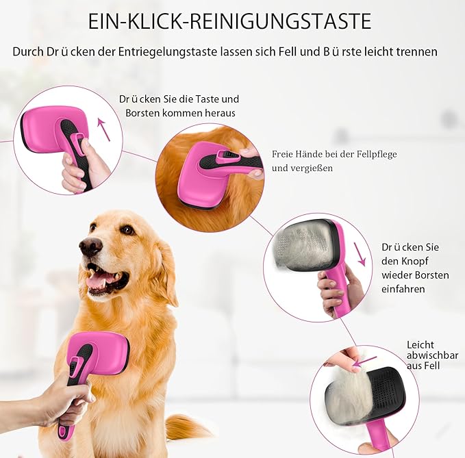 Dog Brush for Shedding & Grooming, Self Cleaning Slicker with Retractable Pins for Short & Long Haired Dogs & Cats. Removes Loose Fur, Undercoat, Mats & Tangles. Fits Large, Small Pet. Pink