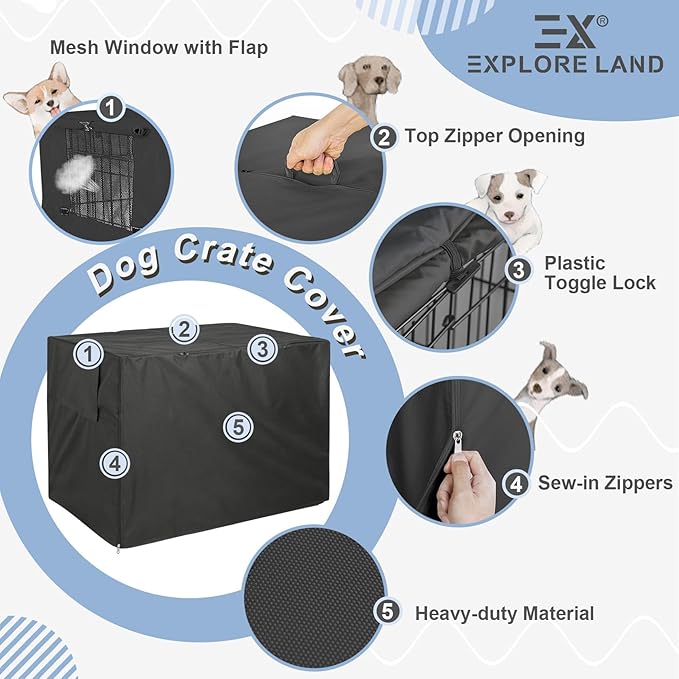 Explore Land Dog Crate Cover Heavy Duty Polyester Pet Kennel Sunshade Universal Fit for 48 inches Wire Cage (Black)