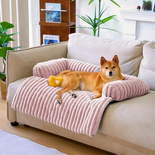 FUNNY FUZZY Pet Couch Cover for Sofa, Calming Dog Bed for Couch, Fluffy Plush Dog Couch Mat for Furniture Protector for Large Medium Small Dogs and Cats, Pink