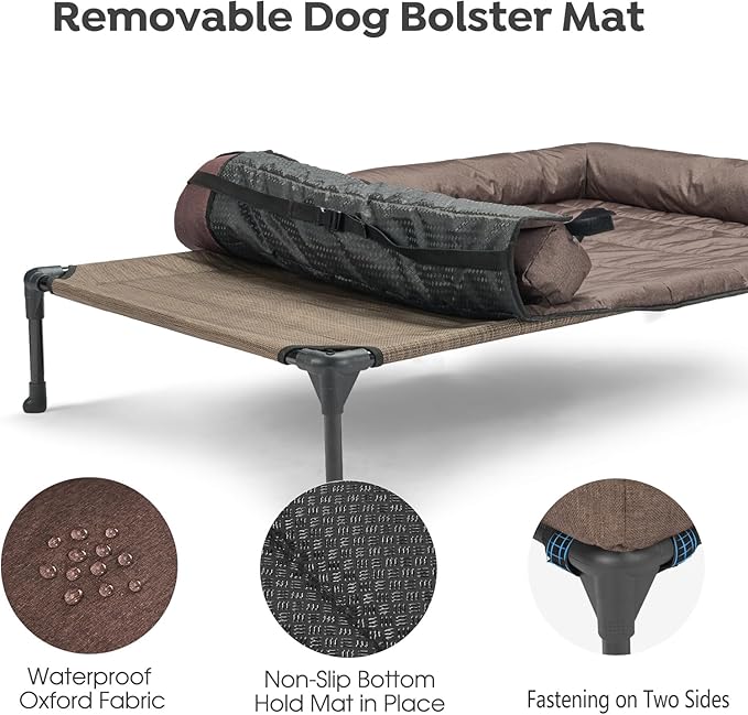 Veehoo Cooling Elevated Dog Bed Add Removable Waterproof Bolster Cushion Mat, Raised Pet Cot with Breathable Teslin Mesh, No-Slip Feet, Dog Sofa Bed for Indoor Outdoor, Medium, Brown CWC2331B