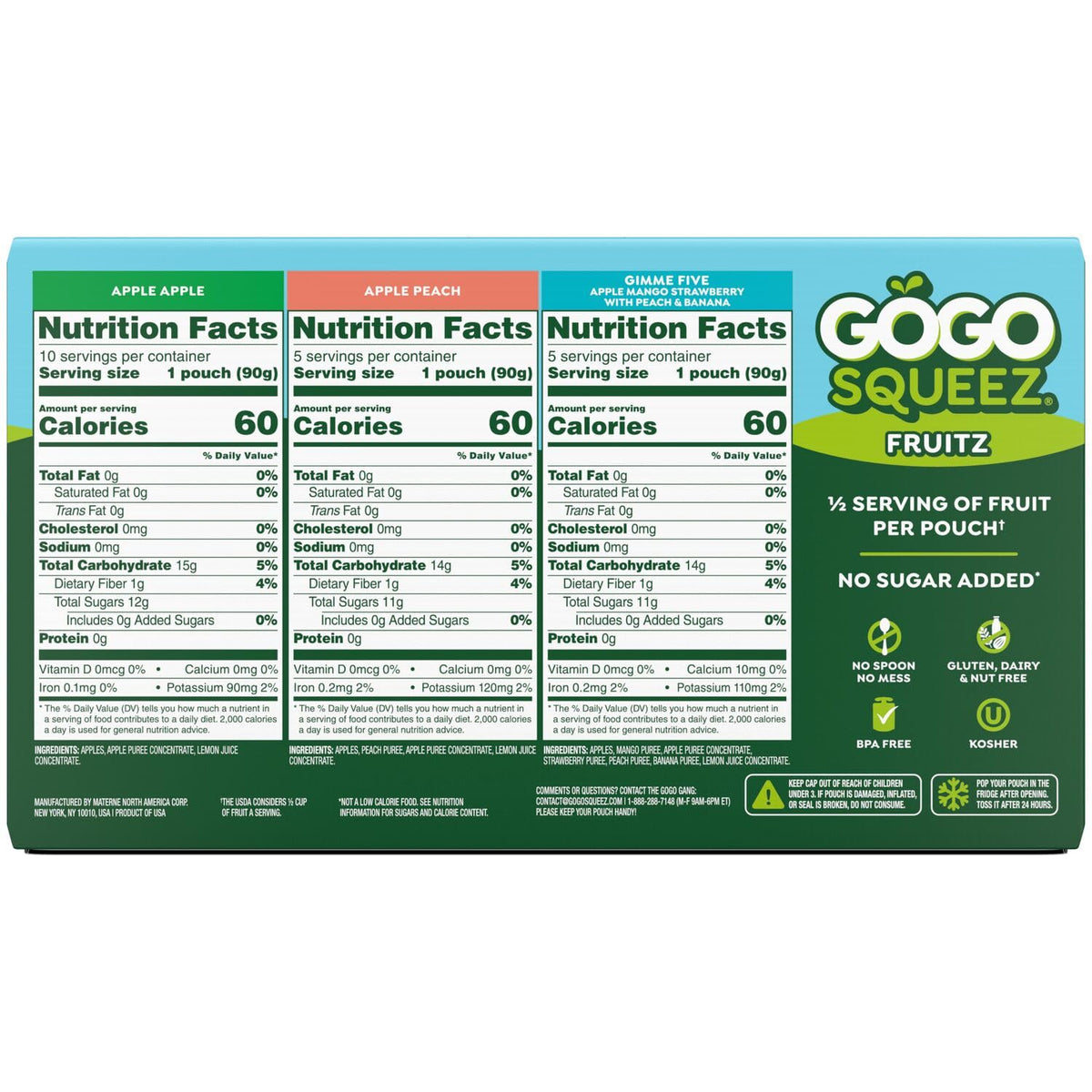 GoGo squeeZ Applesauce and Fruit Puree Variety Pack, Apple, Peach & Gimme Five!, 3.2 oz (Pack of 20), Unsweetened Fruit Snacks for Kids, Gluten Free, Nut Free, BPA Free Pouches (Packaging May Vary)