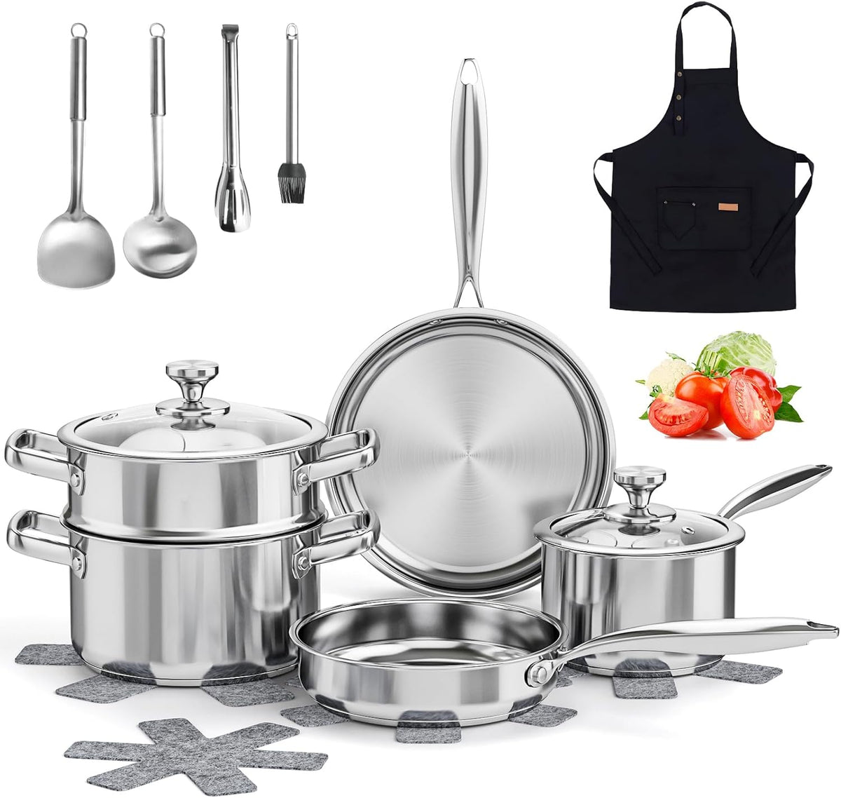 Stainless Steel Pots and Pans Set, 6 Piece Kitchen Induction Cookware Sets with Glass Lids, Works with Induction, Electric and Gas Cooktops, Non Toxic, Oven & Dishwasher Safe