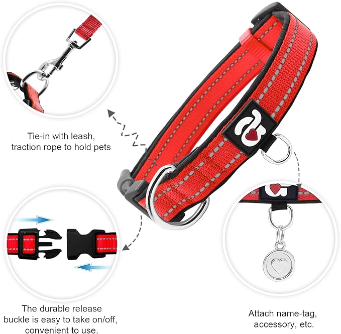 azuza Reflective Dog Collar with Airtag Holder, Soft Neoprene Padded Pet Collar with ID Tag Ring, Adjustable for Large Dogs,Red,L