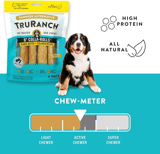 Collagen Rolls - 6" Collagen Rolls for Dogs - Long Lasting Healthy Joint Support - Rawhide Alternative - Skin & Coat Health - Made with Real Peanut Butter, Value Pack, 3 Bags, 12 Count