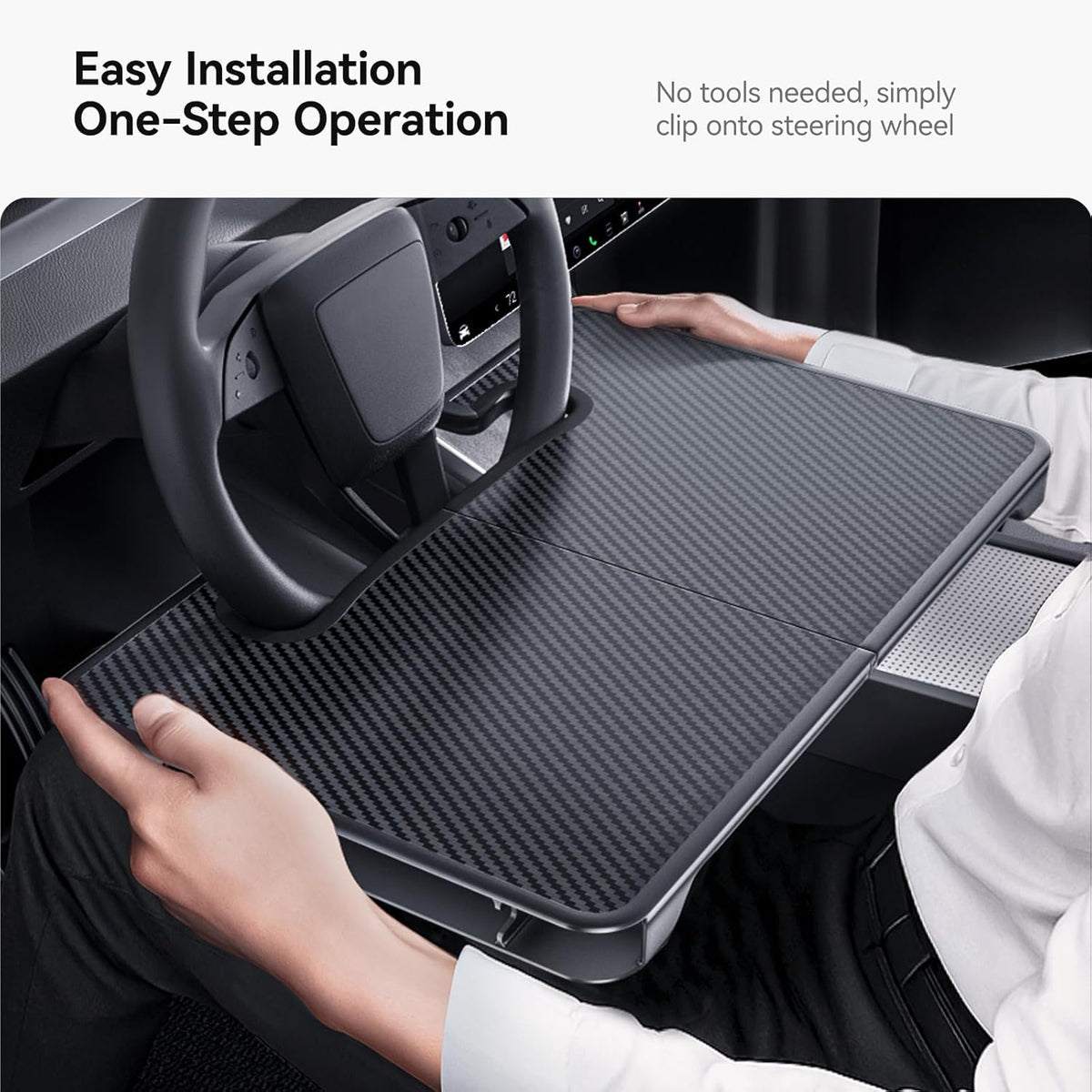 YONZEE 2-in-1 Car Steering Wheel Desk Tray & Car Seat Gap Filler Organizer – Foldable Carbon Fiber Look Table for Laptop, Eating Food, Writing – Multipurpose Travel Car Accessories