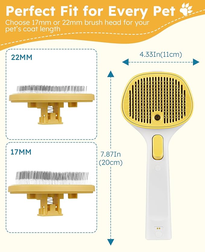 FURGO 3-in-1 Pet Steam Brush for Dogs & Cats – Reduces Static, Long-Pin Head for Long Hair, One-Click Release Button, Dog Spray Brush for Shedding Control (Long)
