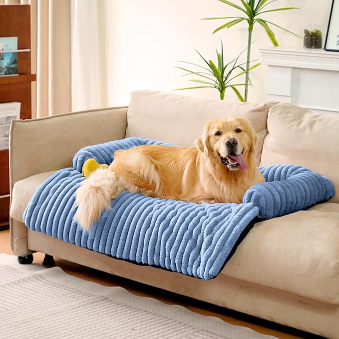 FUNNY FUZZY Pet Couch Cover for Sofa, Calming Dog Bed for Couch, Fluffy Plush Dog Couch Mat for Furniture Protector for Large Medium Small Pets, 47×37 in, Blue