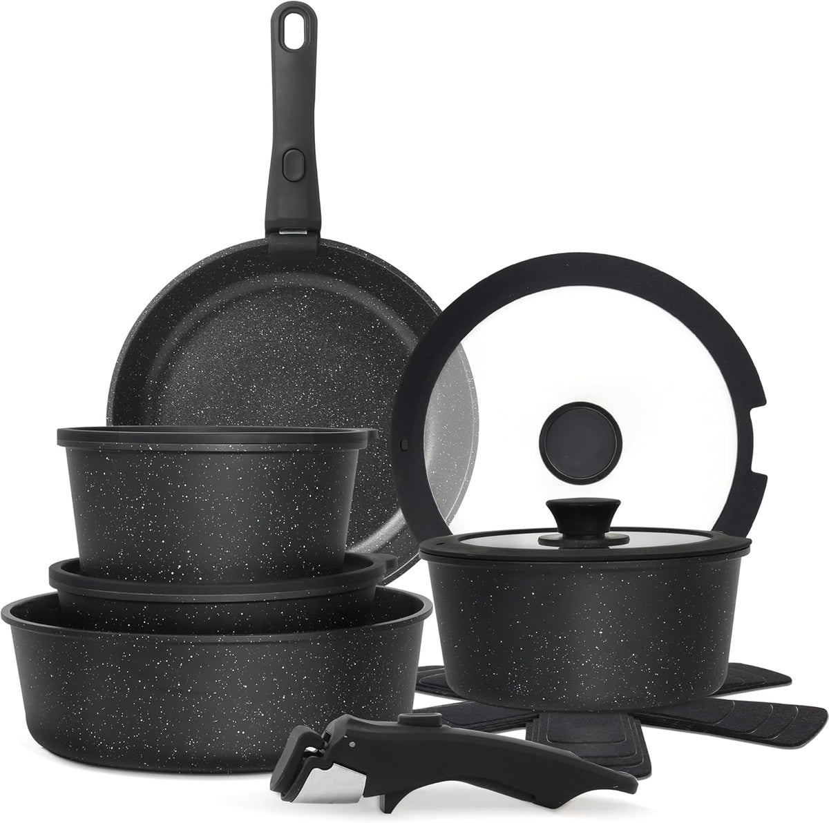 5PCS Pots and Pans Set Non Stick, Kitchen Cookware Sets with Detachable Handle, Ceramic Cookware Sets, Non Stick RV Cookware Cooking Set, Dishwasher ＆ Oven Safe, PFOA Free, Black