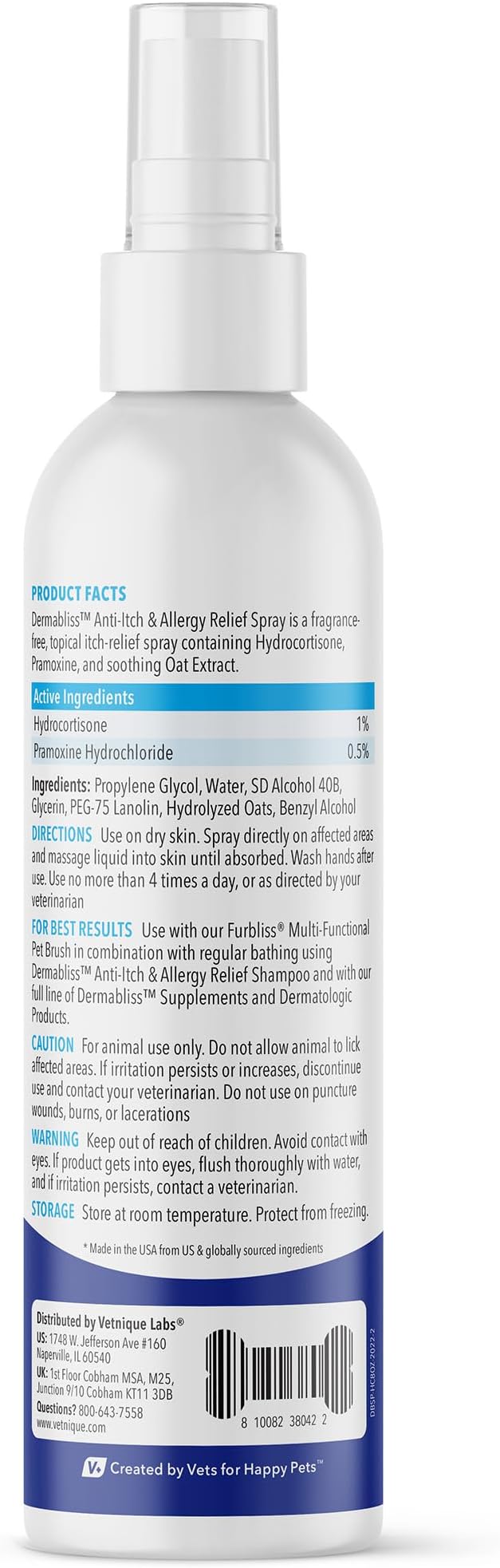 Vetnique Dermabliss Anti Itch Spray for Dogs & Cats with Hydrocortisone for Allergies and Immediate Dog Itching Skin Relief - Fragrance Free with Soothing Oat Extract (8oz)