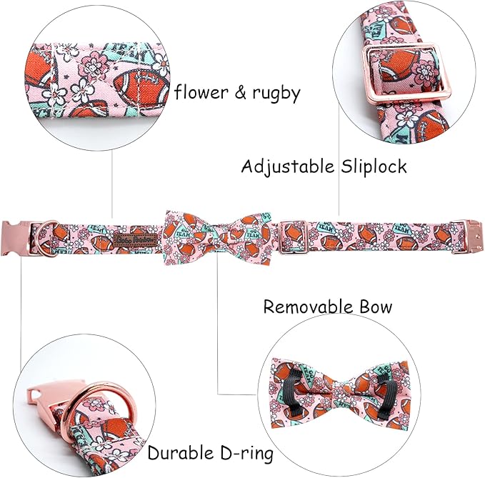 Dog Collar - Rugby with Flower Pet Collar Bows for Dogs Bowtie Pet Collar Adjustable Dog Collar Girl Boy Puppy Collar for Large Dogs