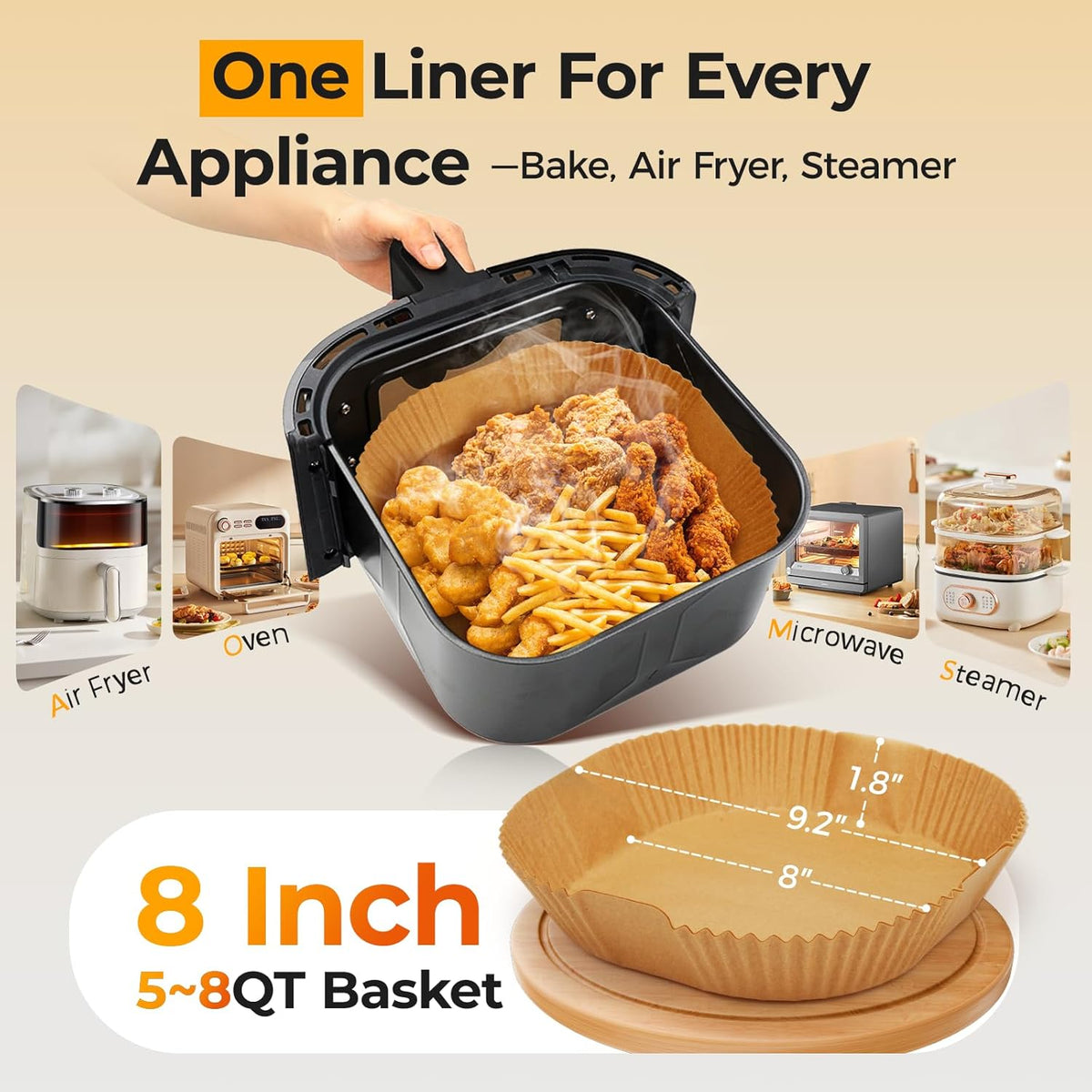 Air Fryer Paper Liners, 125Pcs Parchment Paper, Air Fryer Liners Disposable for Microwave, Non-Stick Air Fryer Liner Square Free of Bleach (8IN)