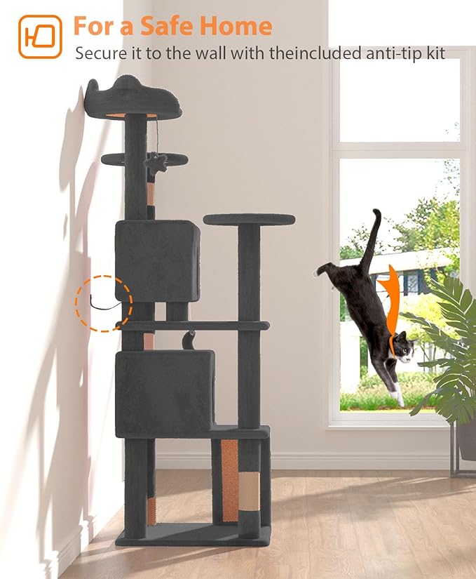 60" Cat Tree Tower for Indoor Cats Large Adult,Cute/Tall Modern Cat Tree for Big Cats 20 lbs, Plush Multi-Level Cat Condo with Scratching Posts,Dangling Ball (Smoky Gray, 60 inch)