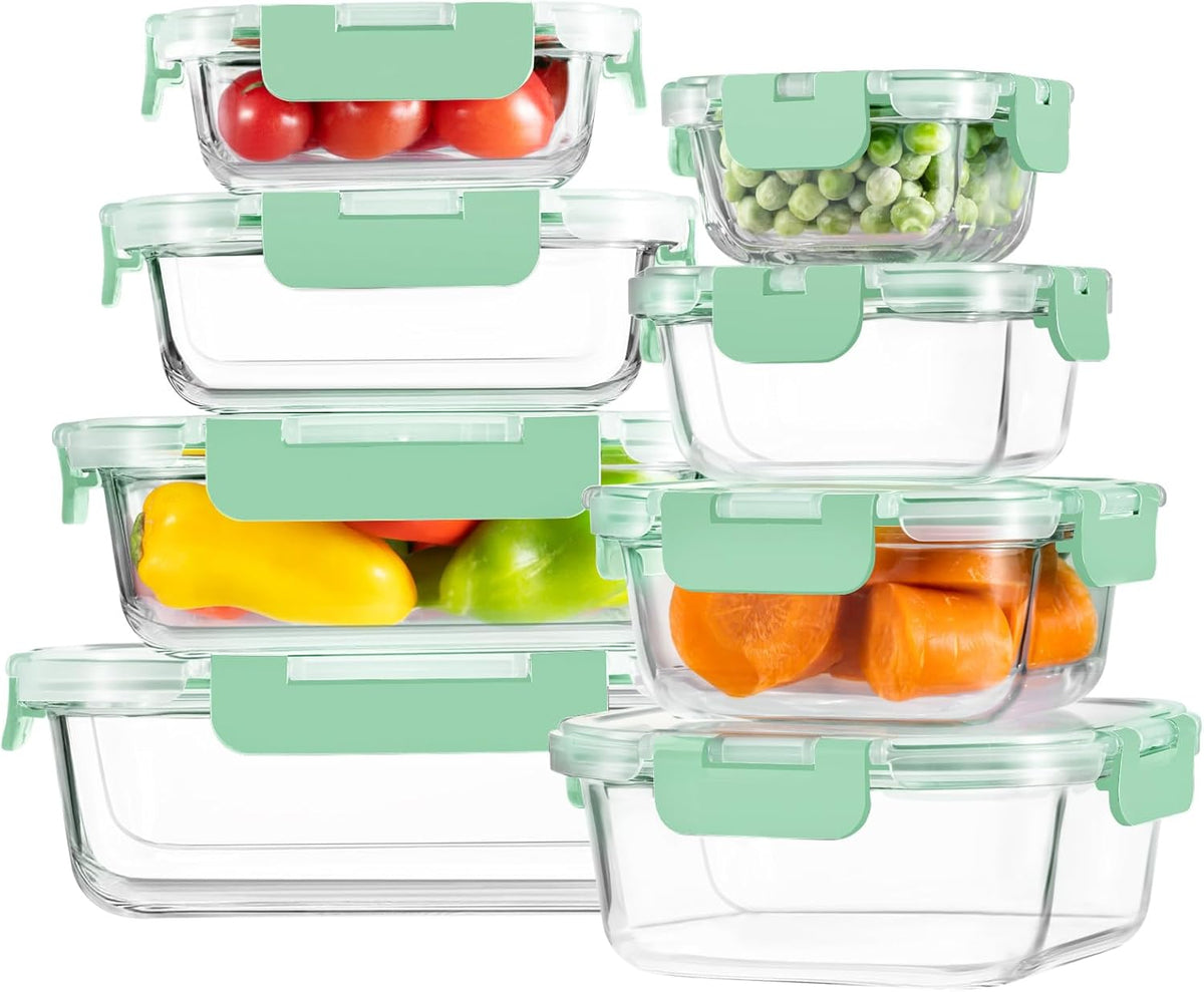 8 Pack Borosilicate Glass Food Storage Containers with Lids, Glass Meal Prep Containers, Airtight Bento Lunch Boxes with Leak Proof Locking, Oven, Freezer and Dishwasher Safe, BPA Free, 5-35oz
