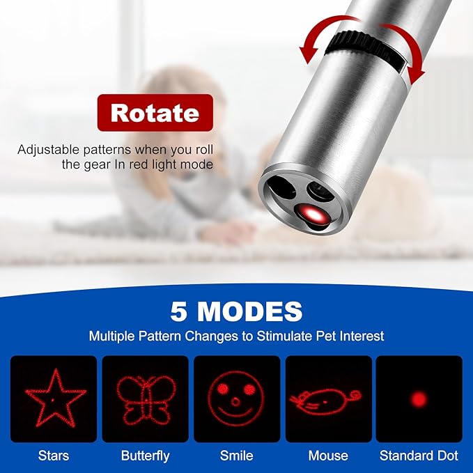 2pcs Laser Pointer, Cat Toys for Indoor Cats, Kitten Dog Laser Pen Toy, Red Dot LED Light Pointer Interactive Toys for Indoor Cats Dogs, USB Charging, 5 Switchable Patterns