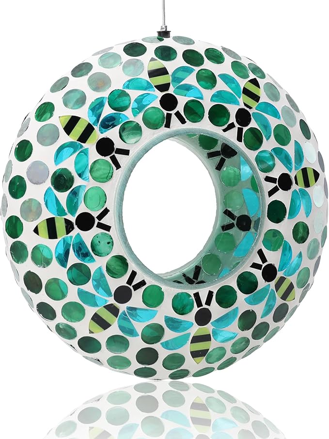Yinns Bird Feeder - Fly Through Hanging Glass Large Bird Feeders for Outdoors Circle Wild Bird Mosaic Feeders Seed Container 9 inch