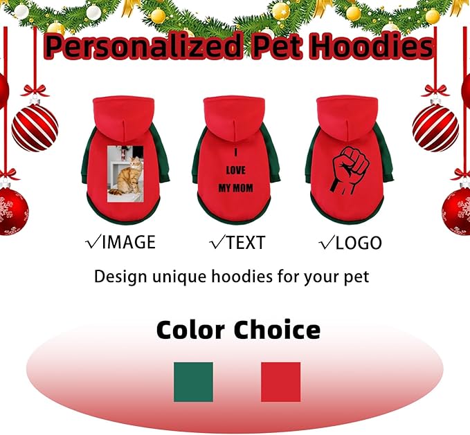 Custom Dog Hoodie, Personalized Sweatshirt with Photo Text Name Logo, Customized Hooded Sweater for Small Medium Large Dogs & Cats (Red + Green Border, Small)