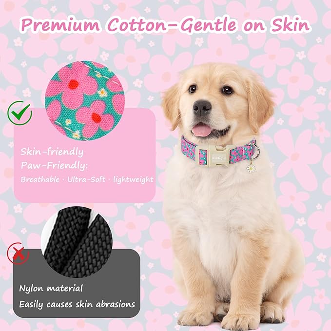 Cotton Floral Dog Collar,Green Dog Collar with Pink Flower, Adjustable Puppy Dog Collars for Small Medium Large, Cute Girl or Boy Dog Collar Ideal for Gifts,Pet Accessory,M