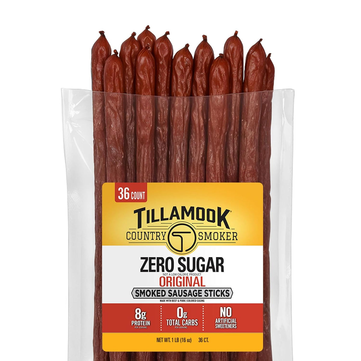 Tillamook Country Smoker Smoked Sausage, Zero Sugar, Original, 16 Ounce (36 Count Meat Sticks) Real Hardwood Smoked Sausages, Low Carb, High Protein Ready to Eat Keto Snack