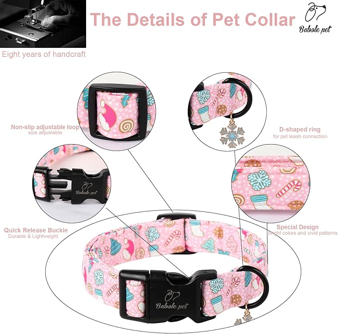 Christmas Dog Collar for Large Dogs - Cute Snowflake Print Pink Christmas Collars for Dogs, Soft Adjustable Winter Holiday Dog Collars with Quick Release Buckle L