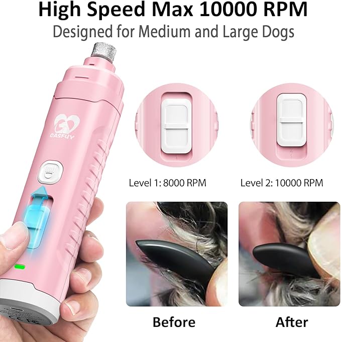 Casfuy Dog Nail Grinder with 2 LED Light for Large Medium Small Dogs - 3X More Powerful 2-Speed Electric Pet Nail Trimmer Rechargeable Quiet Painless Paws Grooming & Smoothing Tool