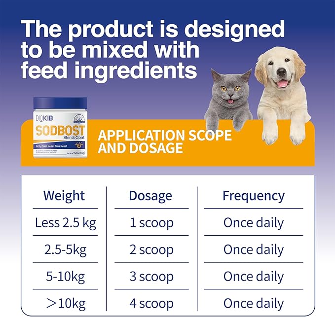 SODBOST Dog Allergy & Itch Relief, Cat Skin & Coat Supplement Powder -SOD Enzyme Skin Relief Formula for Allergy & Itch Relief & Reduces Shedding - Plant-Based, Made in USA - 60 Scoops