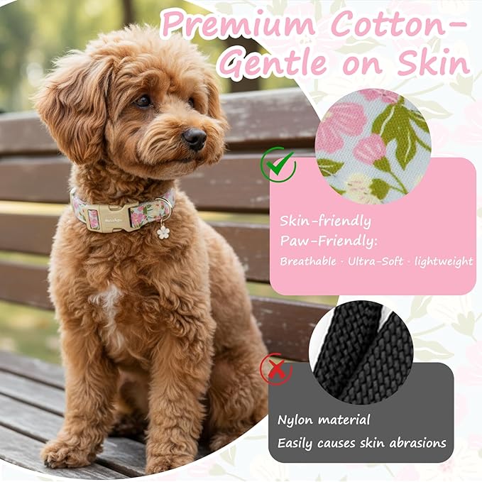 Dog Collar for Small Medium Large Dogs, Spring Blue Dog Collars with Pink & White Flowers, Adjustable Cotton Dog Collars, Cute Girl or Boy Dog Collar Ideal for Gifts,Pet Accessory,S