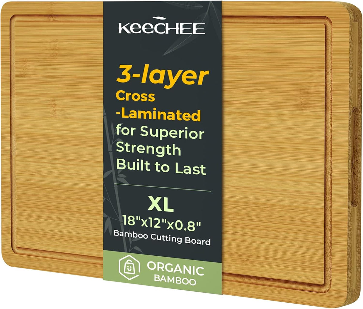 Bamboo Cutting Board, Durable Wood Cutting Boards for Kitchen with Deep Juice Grooves & Built-in Handles, Ideal Charcuterie & Chopping for Meat, Vegetables and Fruits Ideal Kitchen Gifts