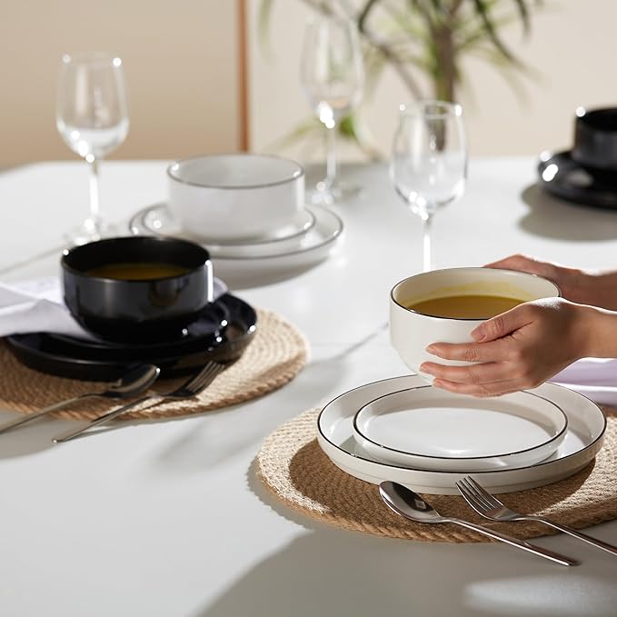 Ceramic Dinnerware Set, 12-Piece Service for 4, Round, Microwave and Dishwasher Safe, Cambridge Classics (French)