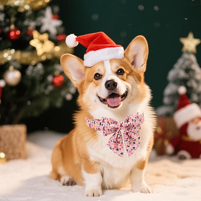 Christmas Dog Collar with Bow Tie, Pink Christmas Tree Collars for Dogs, Adjustable Pet Collar with Cute Xmas Tree Pendant, Winter Dog Accessories for Small Medium Large Dogs S