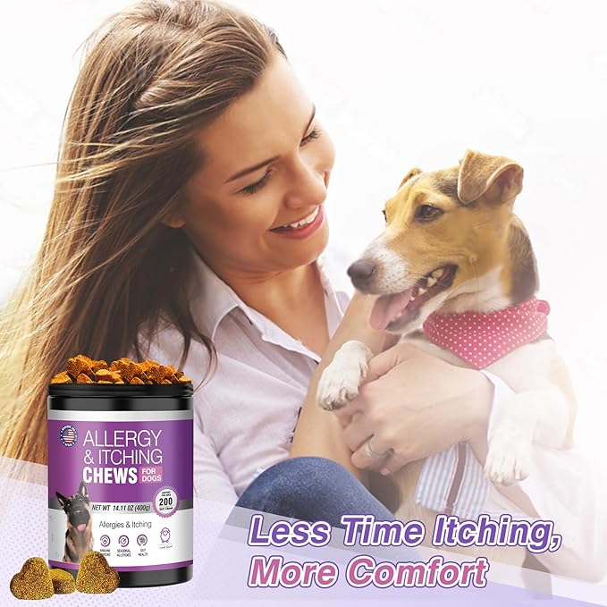 Dog Allergy Chews - Dog Allergy and Itching Skin Relief Anti Itch Aller Immune Bites for Dogs Licking Paws Relief Itchy Chew Probiotics Vitamins for Skin and Coat Allergies - (Lamb, 200 Ct)