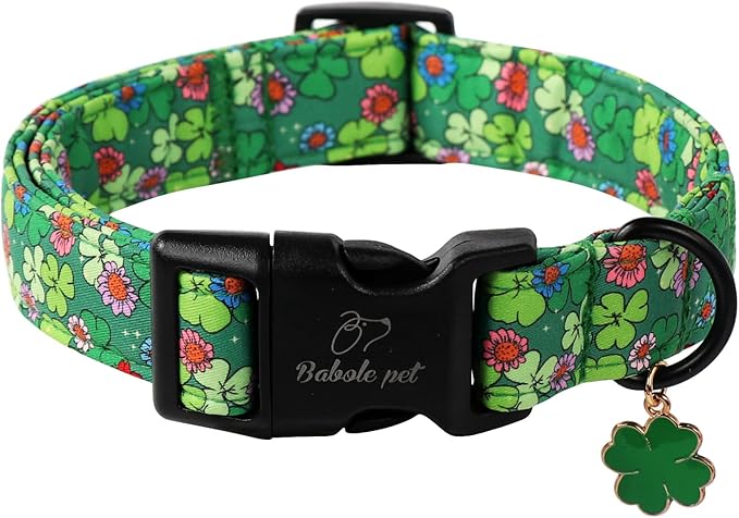 St Patricks Day Dog Collar for Large Dogs - Lucky Flower Shamrock Green Dog Collars, Cute Irish Clover Puppy Collar with Quick Release Buckle for Girls&Boys Dogs L