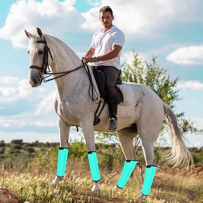 FOXLVDA Horse Fly Boots - Fly Boots for Horses Set of 4, Comfortable Horse Leggings, Mesh Material Design with Metal Support Bars for Reduces Stomping & Leg Fatigue (Green, Large)