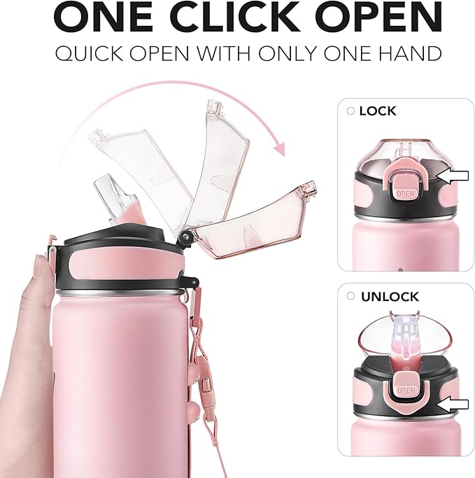 Enerbone 24 oz Insulated Water Bottle, Stainless Steel Bottle with Carrying Strap, Double-Wall Vacuum Insulation Design, Leakproof Sports Bottle with Straw, Keep Drinks Cold or Hot for Hours