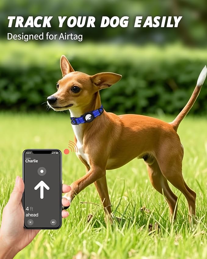 Joytale Airtag Dog Collar, Reflective Pet Collar with Waterproof AirTag Holder, Dual D-Rings, Soft Padded Adjustable for Extra Small and Puppy Dogs, Navy Blue, XS